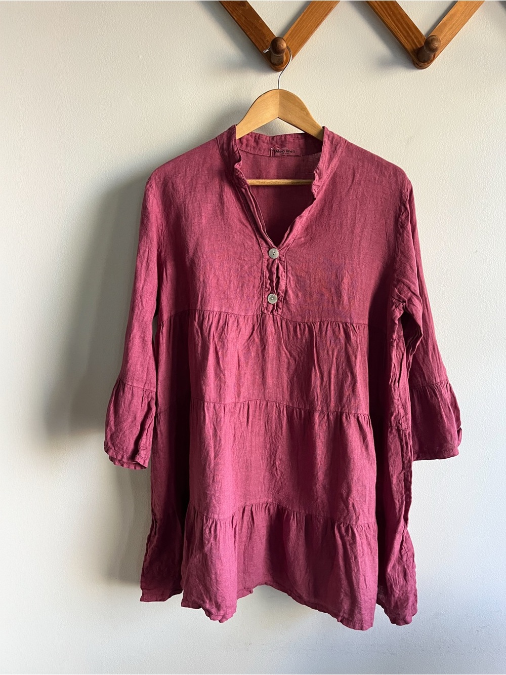 Meo Meli Tiered Split-Neck Linen Tunic Top Dusty Rose